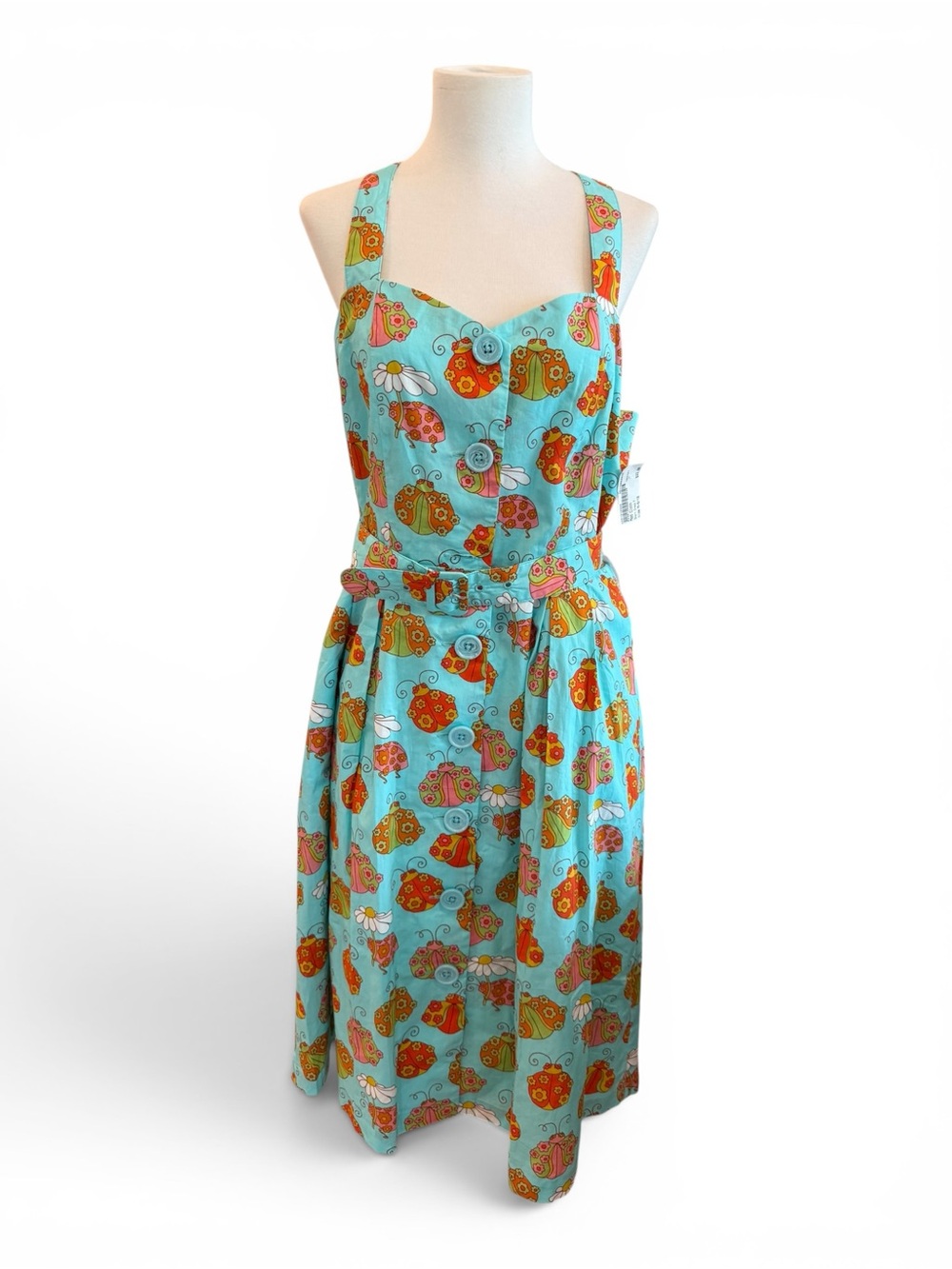 Modcloth Aqua Floral & Ladybug Midi Dress with Belt